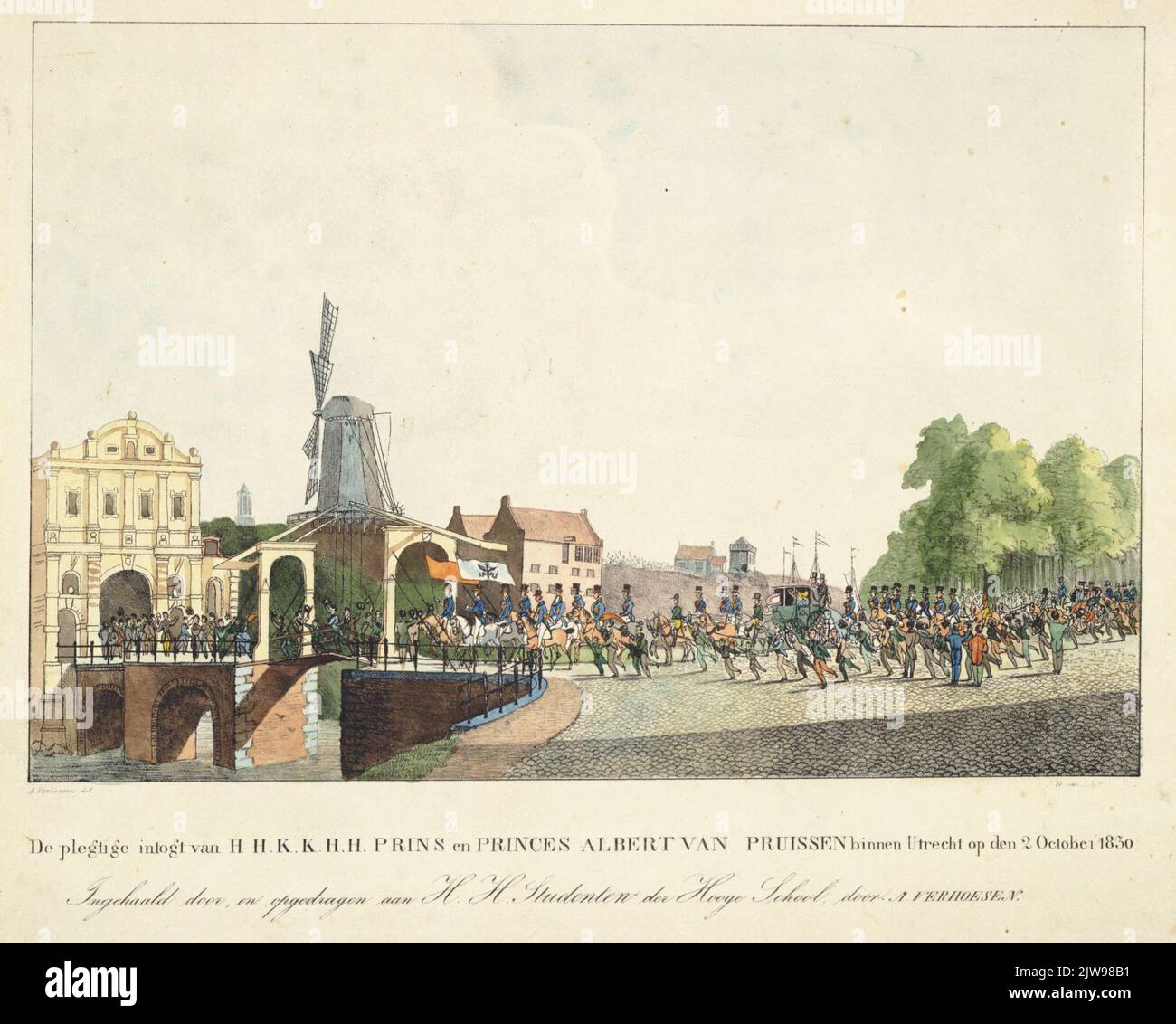 Die Täter von H.H.K.K.H.H. Prinz und Fürsten Albert van Pruissen in Utrecht am 2. Oktober 1830 / überholt und seiner Heiligkeit gewidmet Schüler der Hooge School, von A. Verhoesen. Stockfoto