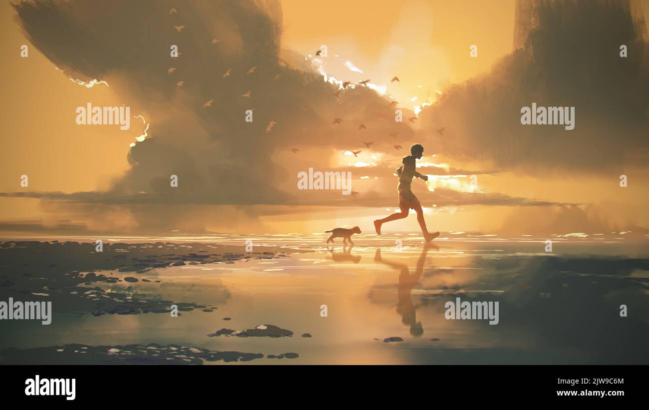 Mann und Hund joggen am Strand bei Sonnenuntergang, digitale Kunst Stil, Illustration Malerei Stockfoto