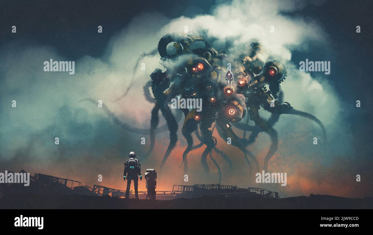 Der futuristische Mann steht und steht dem Tentakel-Roboter gegenüber, digitaler Kunststil, Illustrationsmalerei Stockfoto