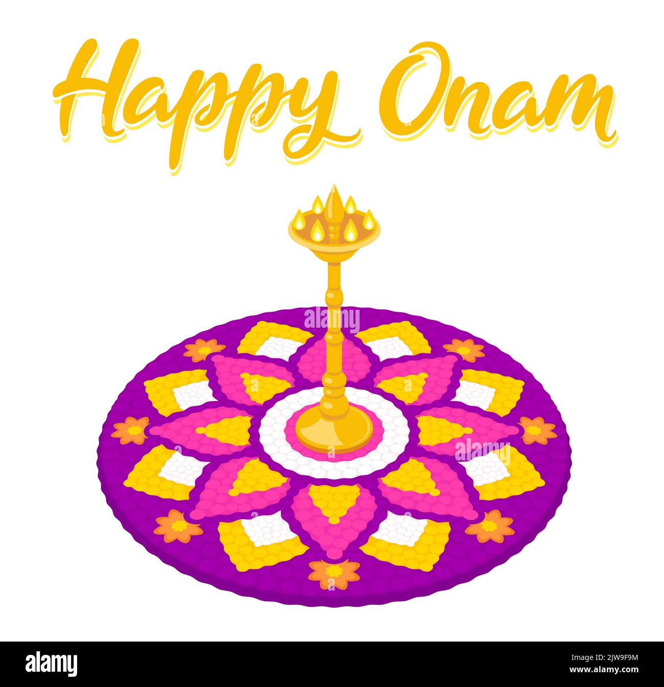 Happy Onam Grußkarte mit geblümten Rangoli (Pookalam). Indischer Urlaub in Kerala. Vektorgrafik Clip Art Illustration. Stock Vektor