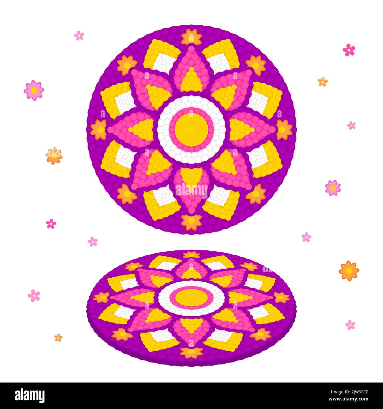 Floral Rangoli (Pookalam) für Onam, Indianerurlaub in Kerala. Draufsicht und isometrische Perspektive. Vektorgrafik Clip Art Illustration. Stock Vektor