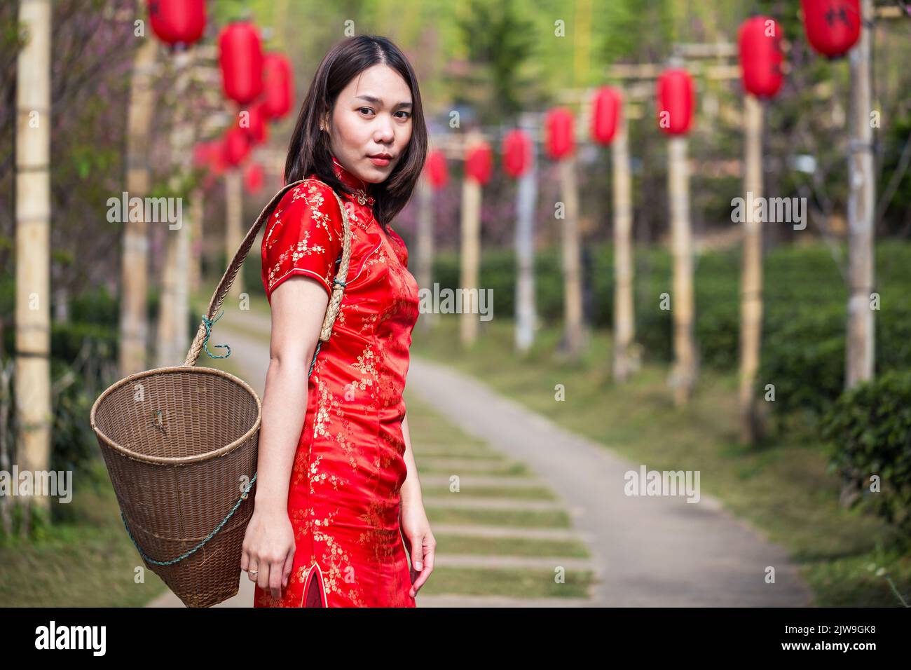 asiatische Dame Porträt entspannen in chinesischen Stil lange Kleid oder vietnam zeitgenössische Accessoires glücklich vor Ort Morgen Stockfoto