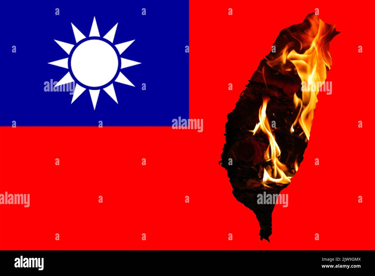 Defokussieren Sie die Flagge Taiwans, die offiziellen Farben und das richtige Verhältnis. Flagge Taiwans. Taiwan-Karte. Demokratie. Krieg und Feuer und Flamme. Krieg zwischen China Stockfoto