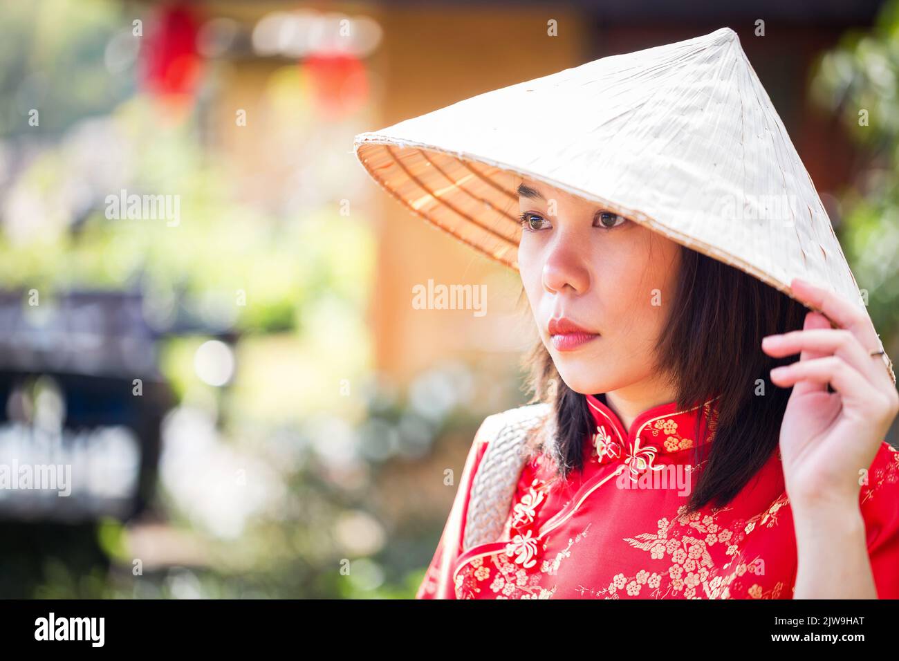 asiatische Dame Porträt entspannen in chinesischen Stil lange Kleid oder vietnam zeitgenössische Accessoires glücklich vor Ort Morgen Stockfoto