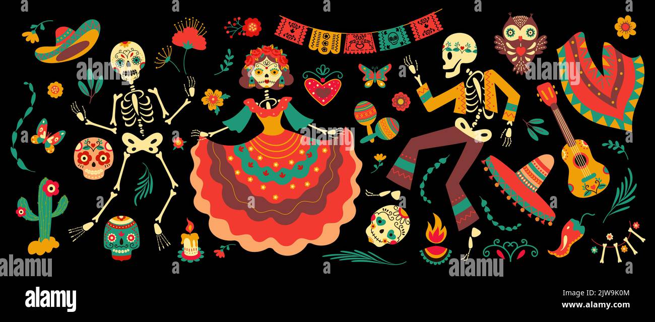 Day of Dead mexico Festival Elemente. Mexikanische Zuckerschädel und tanzende Skelette in traditionellen Kleidern und Blumen. Nowaday Dia de los muertos Vektor Stock Vektor