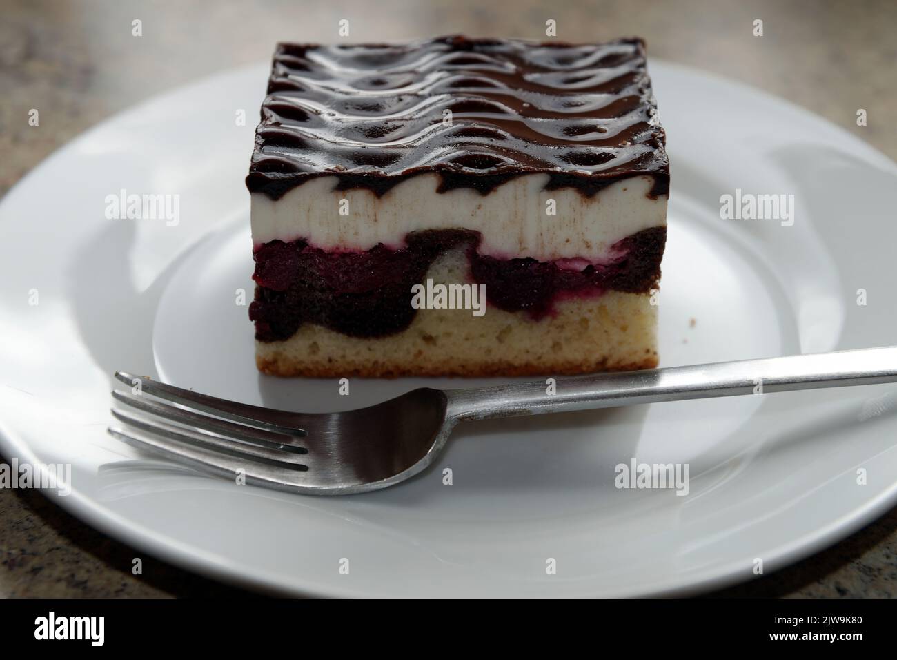 Kuchen 'Donauwelle' auf einem Teller mit Kuchengabel Stockfoto