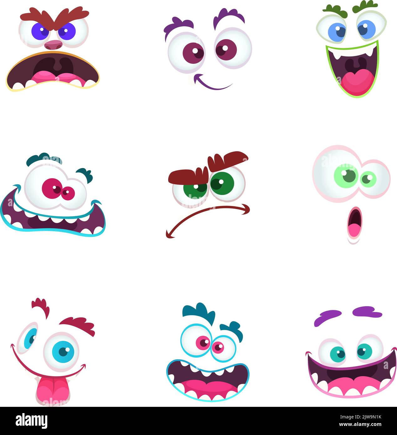 Monster Gesichter. Verrückte Avatar lustige Charakter Emoticons mit Augen und toothy Münder Cartoon Monster Face Sammlung Stock Vektor