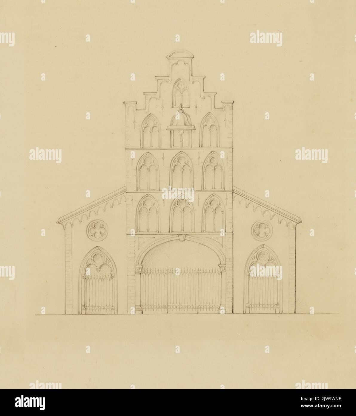 Rebellion der Fassade des FRESENBURG (Oudegracht)-Hauses in Utrecht; mit Darstellung des Planes für den Bau von zwei Seitenflügeln für die Gestaltung des Hauses nach Abattoir. Hinweis: Es handelt sich um einen nicht ausgeführten Plan. Seit 1917 ist das FRESENBURG Huis die Adresse von Oudegracht 113. Stockfoto