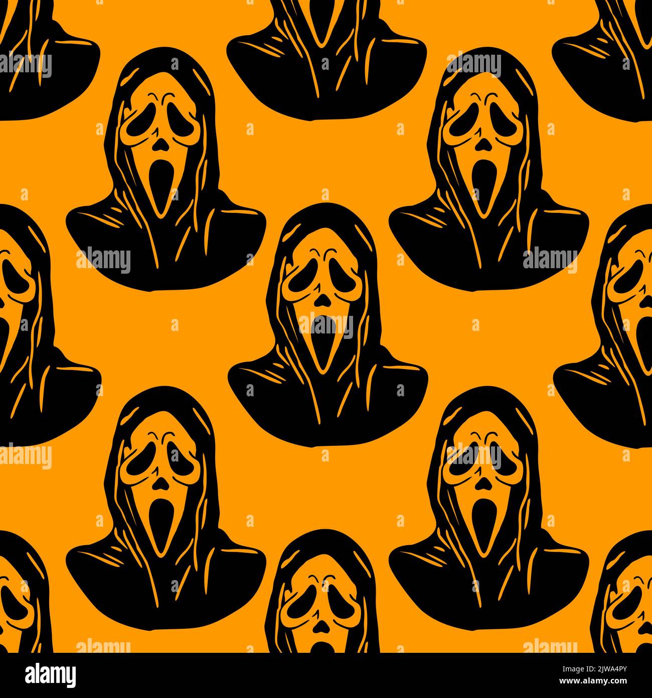 Nahtlose Grafik schwarz-weiß Muster Maske Schrei auf orangefarbenem Hintergrund, Textur, Design Stockfoto