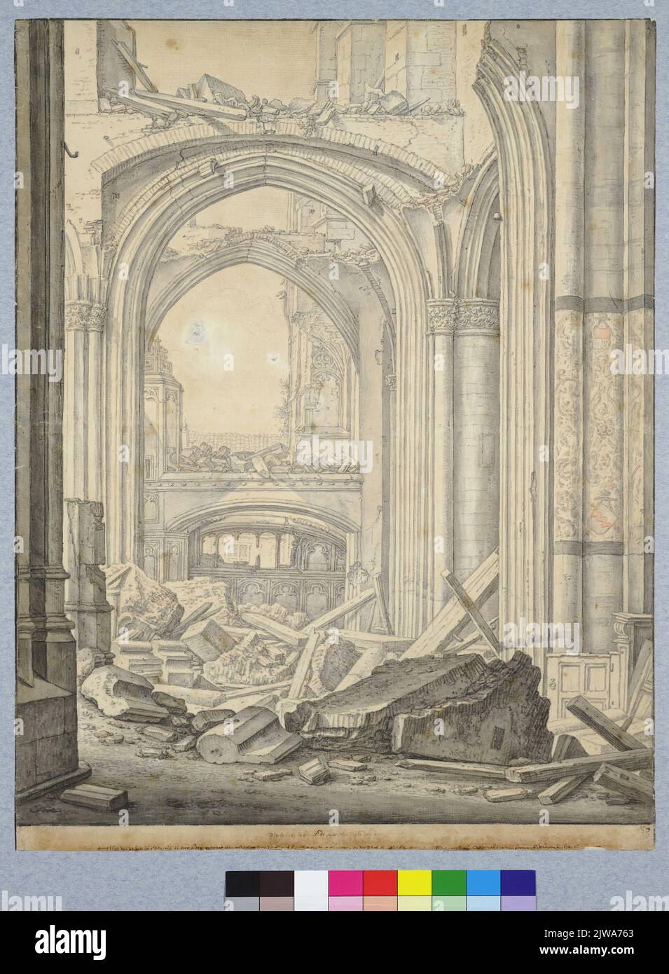 Dieser Stuck ist Binne de Kercke van den Dom im Jahr 1674 der 22 Julius alte Stil wurde von Godts Gewittern einen Teil der Doms Kercke geworfen und diese stecken in Augusto daeraen nächsten unterzeichnet von Herman Saftleven Ao 1674 out 65 Jaer Stockfoto