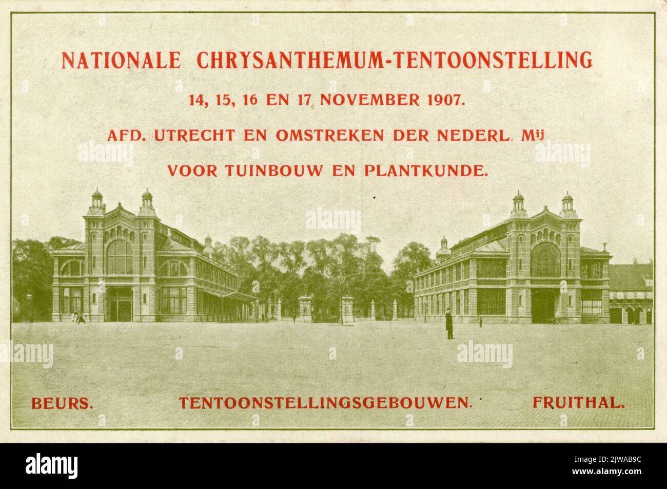 Bild einer Werbekarte mit der Ankündigung der Nationalen Chrysantheme-Ausstellung vom 14. Bis 17. November 1907 in den Korenbeurs (Vredenburg 51) und Fruithal (Vredenburg 50) in Utrecht, organisiert von der Utrecht und Umgebung der Nederladnse Maatschappij voor Horticulture and Botanic. Stockfoto