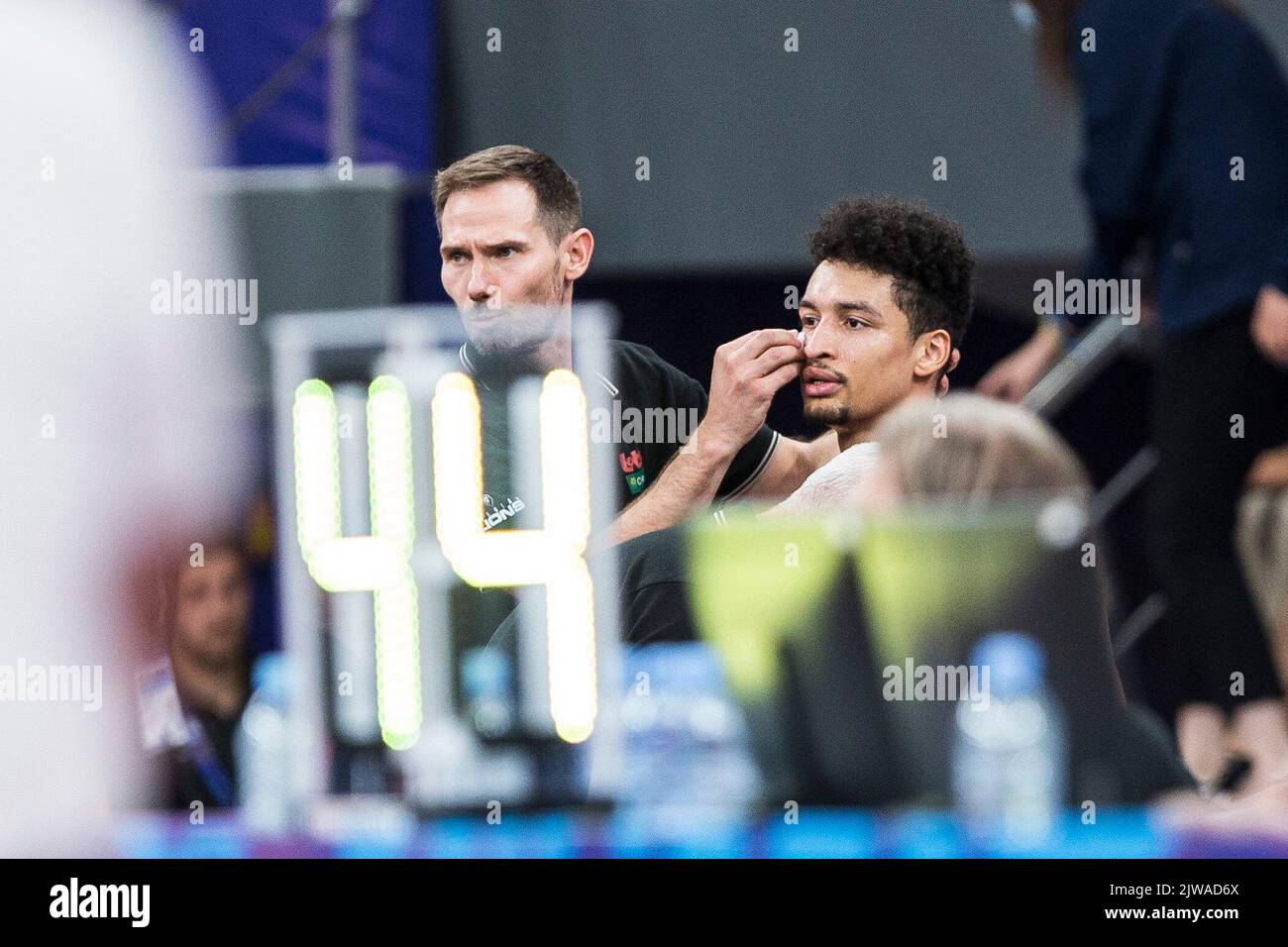 Ismael Bako aus Belgien, abgebildet während des Spiels zwischen Spanien und den belgischen Löwen, Spiel drei von fünf in der Gruppe A bei der EuroBasket 2022, Sonntag, 04. September 2022, im Tbilisi Sports Palace, in Tiflis, Georgien. Die Basketball-Europameisterschaft findet vom 1. Bis 18. September statt. BELGA FOTO NIKOLA KRSTIC Stockfoto