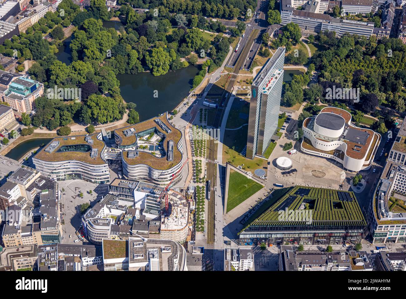 Luftaufnahme, Gustaf-Gründgens-Platz, Dreischeibenhaus, Düsseldorf Schauspielhaus, Baustelle Neubau Kö Bogen II, Green Shopping und offic Stockfoto