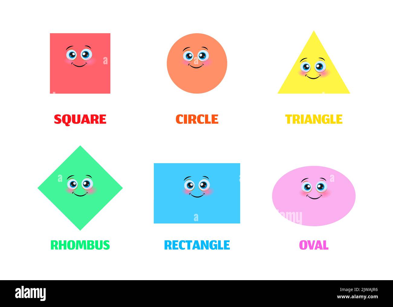 Satz von lächelnden geometrischen Figuren. Comic-Zeichentrickfiguren für die Kindererziehung. Grundlegende geometrische Formen verschiedene Farben.. Vektorgrafik Stock Vektor