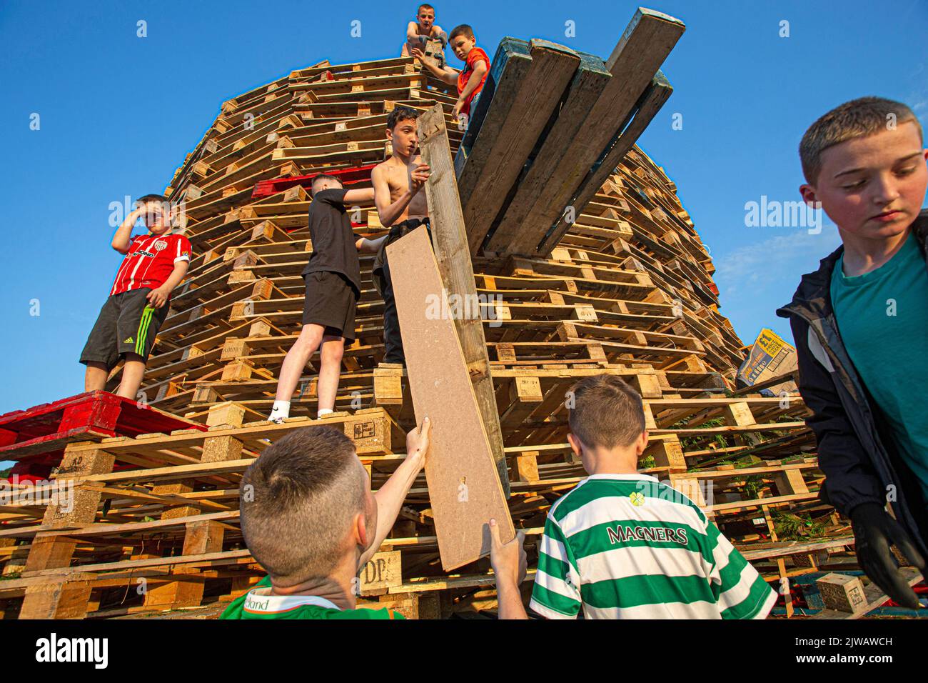 Kinder stapeln am Wochenende Paletten, um sich auf das Lagerfeuer vorzubereiten, das an einem katholischen Feiertag der Himmelfahrt der Jungfrau Maria in Bogside stattfindet. Stockfoto