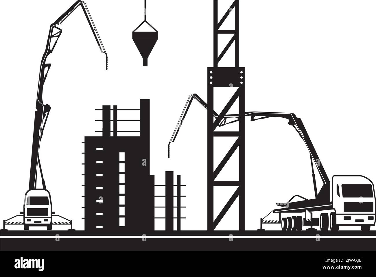 Betonpumpenwagen und Kran auf Baustelle - Vektorgrafik Stock Vektor