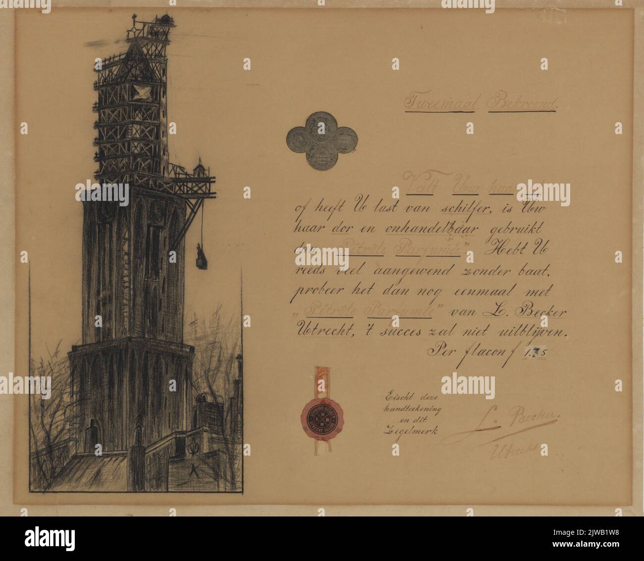 [Werbetext des zweimal ausgezeichneten 'Petrôle Parfumee' von L. Becker, Utrecht] Pen in Brown und Zwart Rechto Right Stockfoto