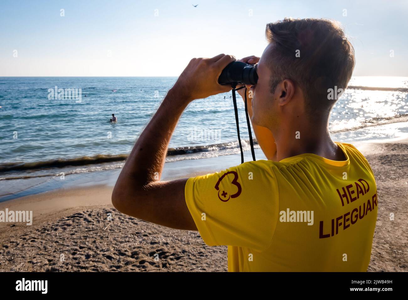 Rettungsschwimmer am Strand mit Blick durch ein Fernglas. Rückansicht des hübschen brünette männlichen Rettungsschwimmers mit gelbem Hemd am Strand im Sommer. Stockfoto