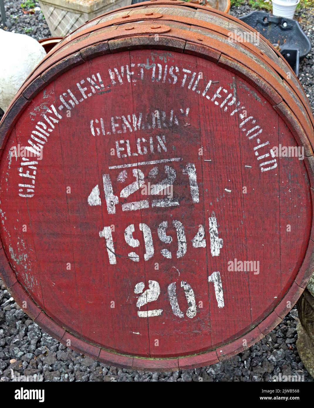 Glen Moray Glenlivet, Destillerie, Glenmoray Elgin 4221 ,1994 ,201 Whiskyfass - früher für Scotch - Scottish Whisky benutzt Stockfoto