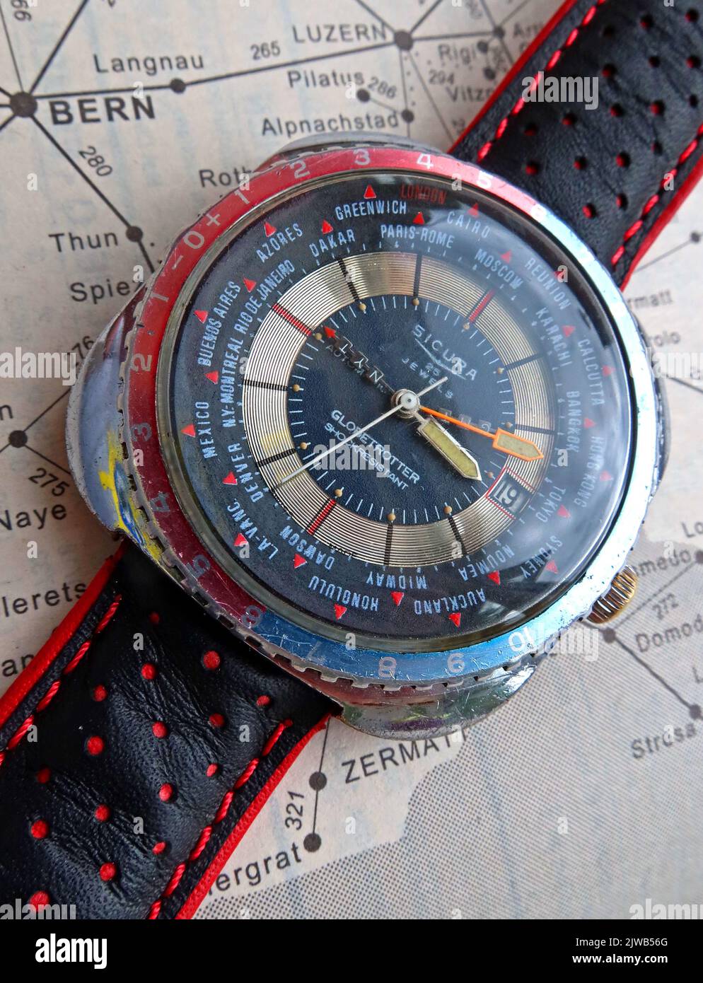 Sicura Globetrotter Armbanduhr, GMT, Weltzeit Stockfoto