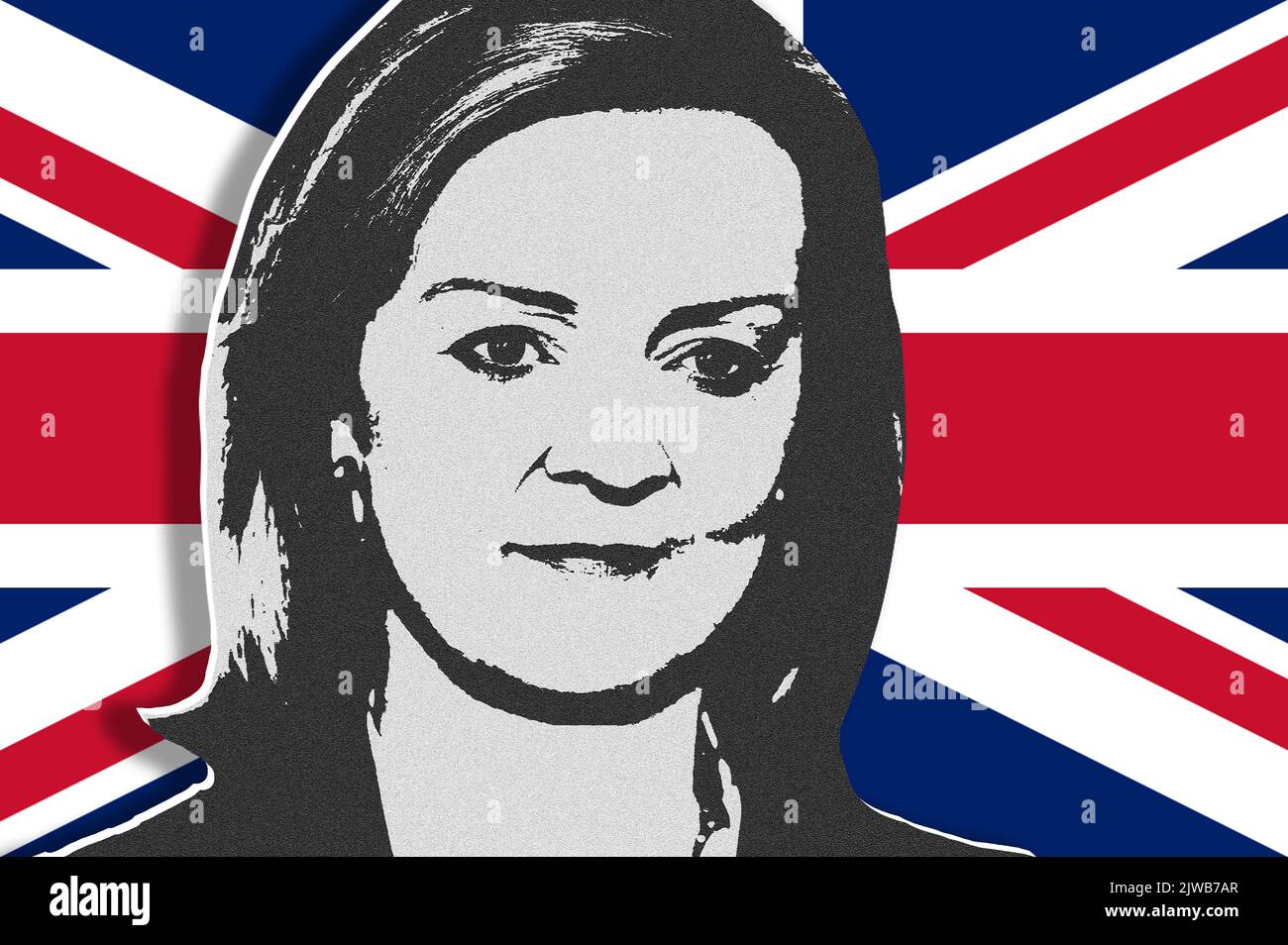 Liz Truss, britische Premierministerin, und britische Flagge Stockfoto
