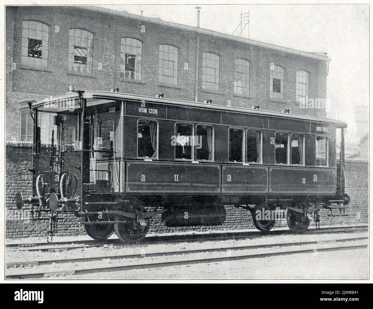 Abbildung des HSM B 1208-Wagens (Serie HSM B 1201-1210) des H.S.M., der für die Haarlemmermeer-Eisenbahnstrecken vorgesehen ist. Stockfoto