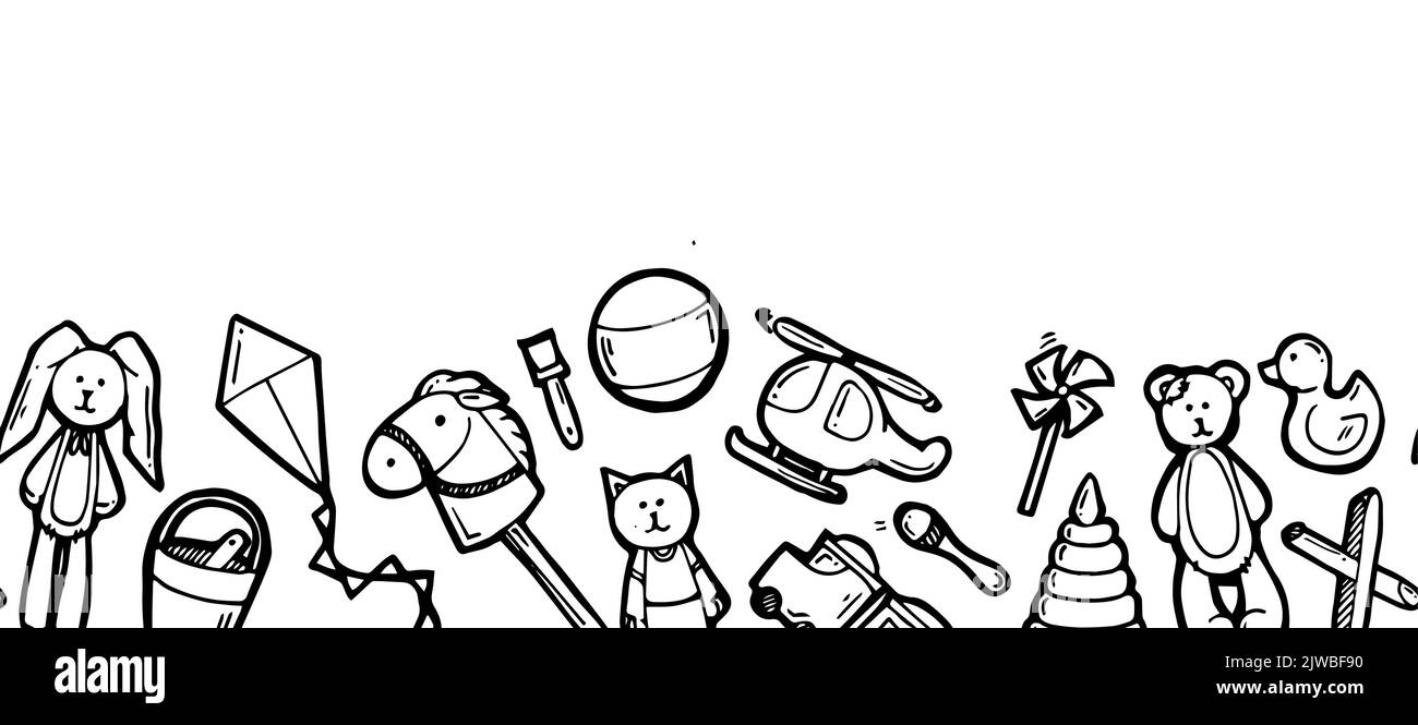 Nahtloser Rand unten. Spielzeug für Kinder unterschiedlichen Alters. Umreißen Sie die von Hand gezeichnete Skizze. Zeichnen mit Tinte. Isoliert auf weißem Hintergrund. Vektor. Stock Vektor