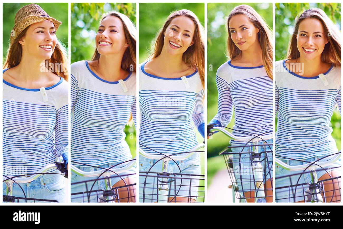 Im Freien ist es, wo ich am glücklichsten bin. Zusammengesetztes Bild einer attraktiven jungen Frau, die durch den Park radelt. Stockfoto