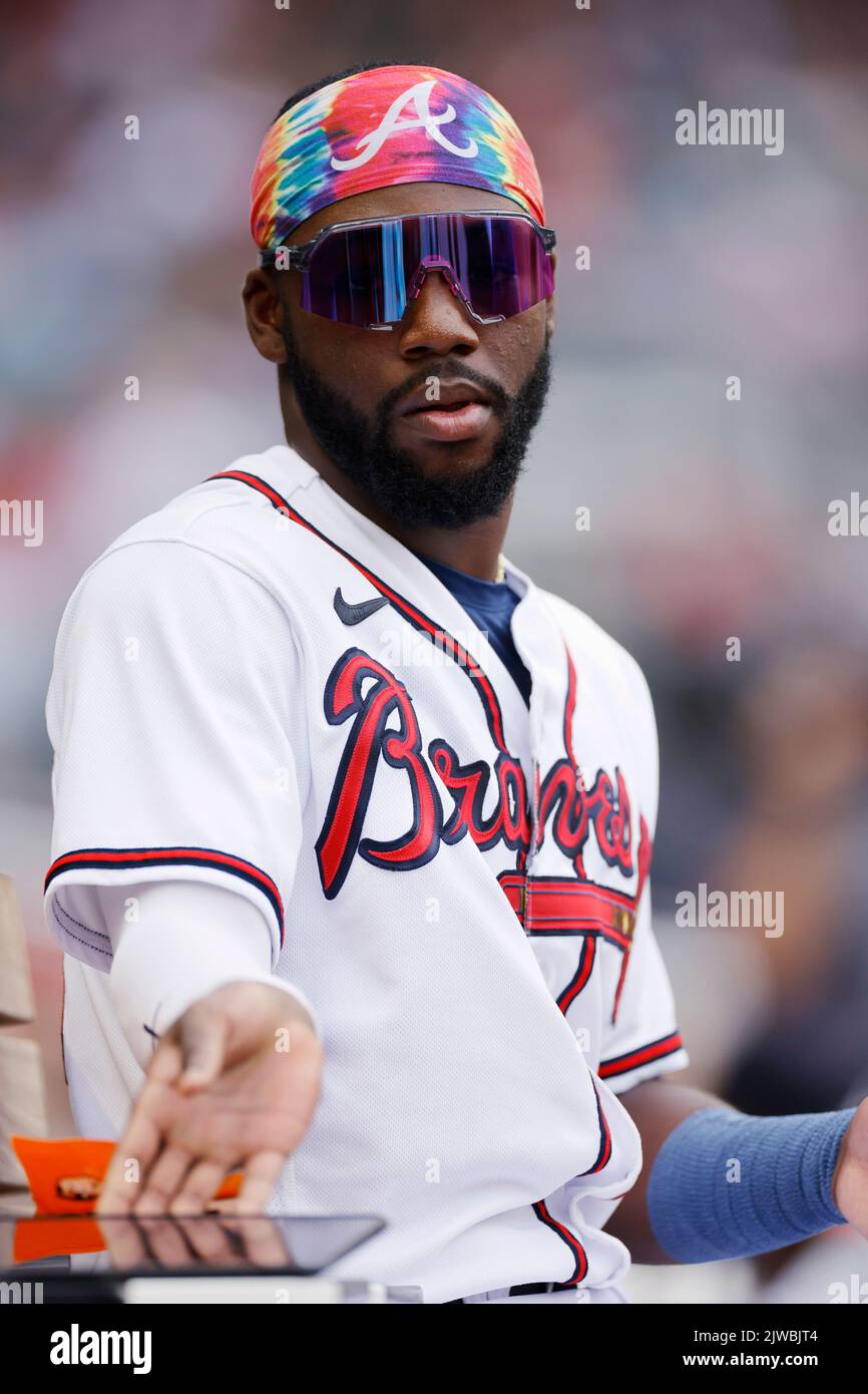 ATLANTA, GA – 4. SEPTEMBER: Der Atlanta Braves Center Fielder Michael Harris II (23) sieht am 4. September 2022 im Truist Park in Atlanta, Georgia, bei einem Spiel gegen die Miami Marlins an. (Foto: Joe Robbins/Image of Sport) Stockfoto