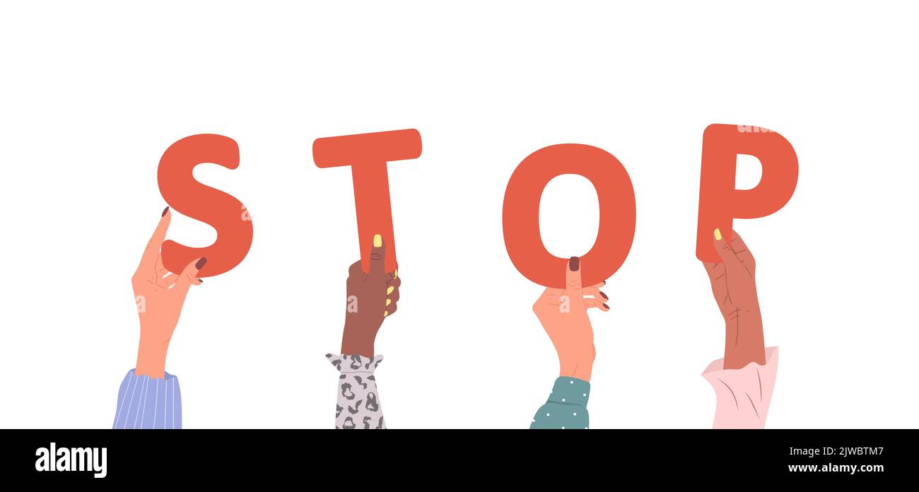 Gruppe verschiedener weiblicher Hände mit rotem Wort Stop. Verschiedene multiethnische Menschen sind zusammen. Vektor handgezeichnete Illustration im Cartoon-Stil Stock Vektor