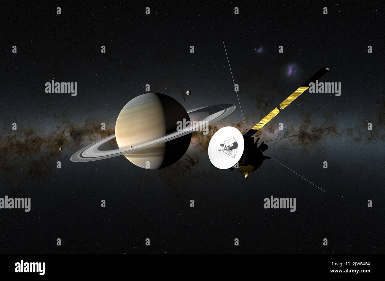 Raumsonde Cassini-Huygens mit Saturn und Enceladus und Titan. Im Hintergrund: Jupiter – isometrische Ansicht 3D Abbildung Stockfoto