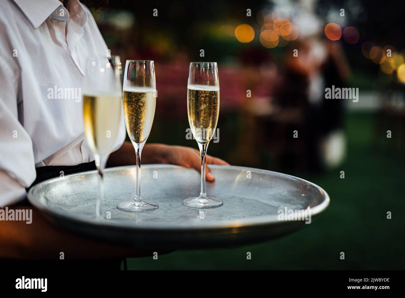 Luxuriöser Wein und CHAMPAGNER für feines Essen mit und Glaswaren, schöner unscharfer Hintergrund. Für Veranstaltungen, Hochzeiten. Requisiten für Hochzeiten, Geburtstage, ein Stockfoto