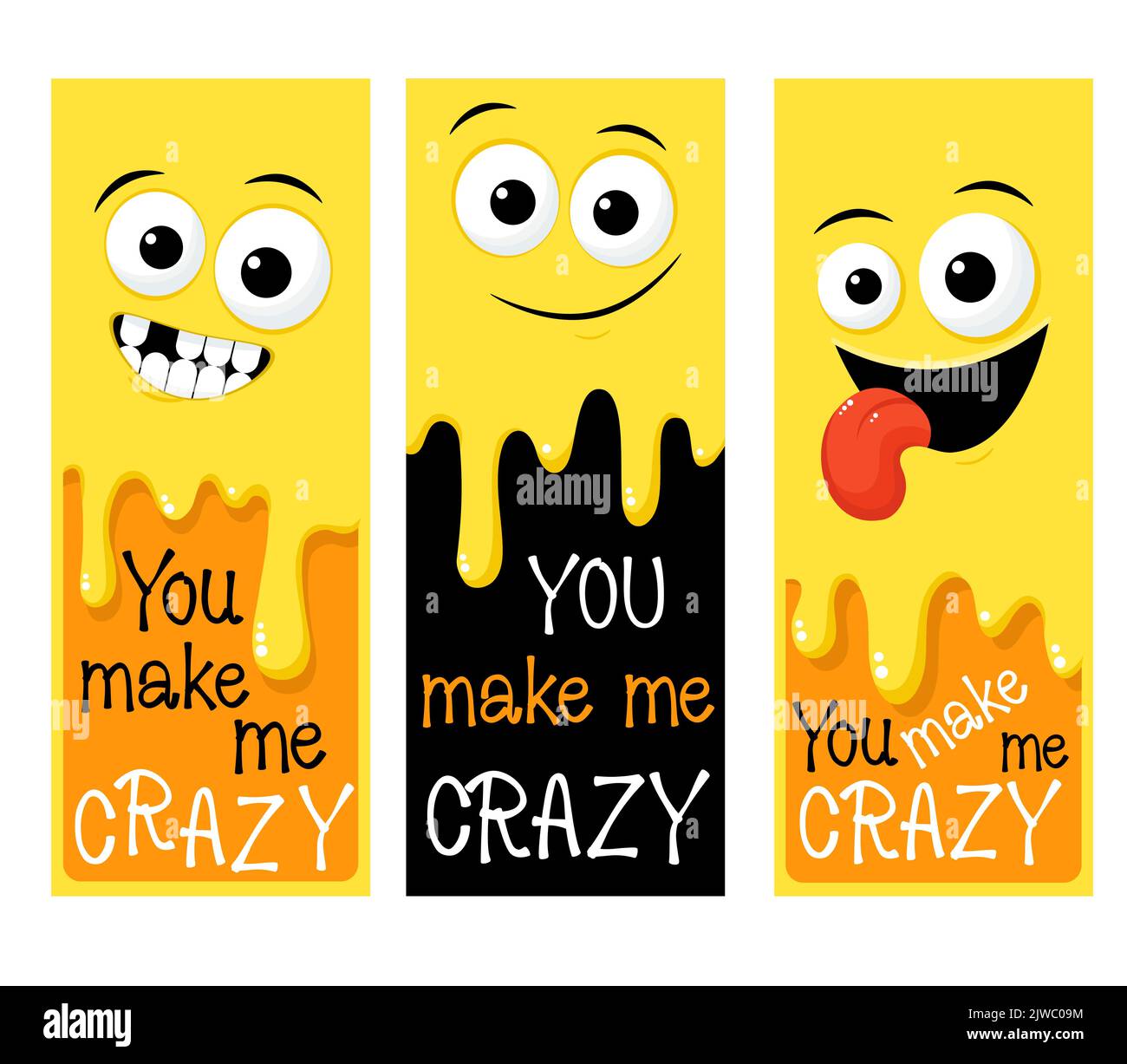 Set aus vertikalem Banner, Flyer, Plakat mit lustigen Emoji. Verrücktes Gesicht Emoticon. Inschrift Du machst mich verrückt. Plakat, Karte, Aufkleber zur Begrüßung, Congr Stock Vektor