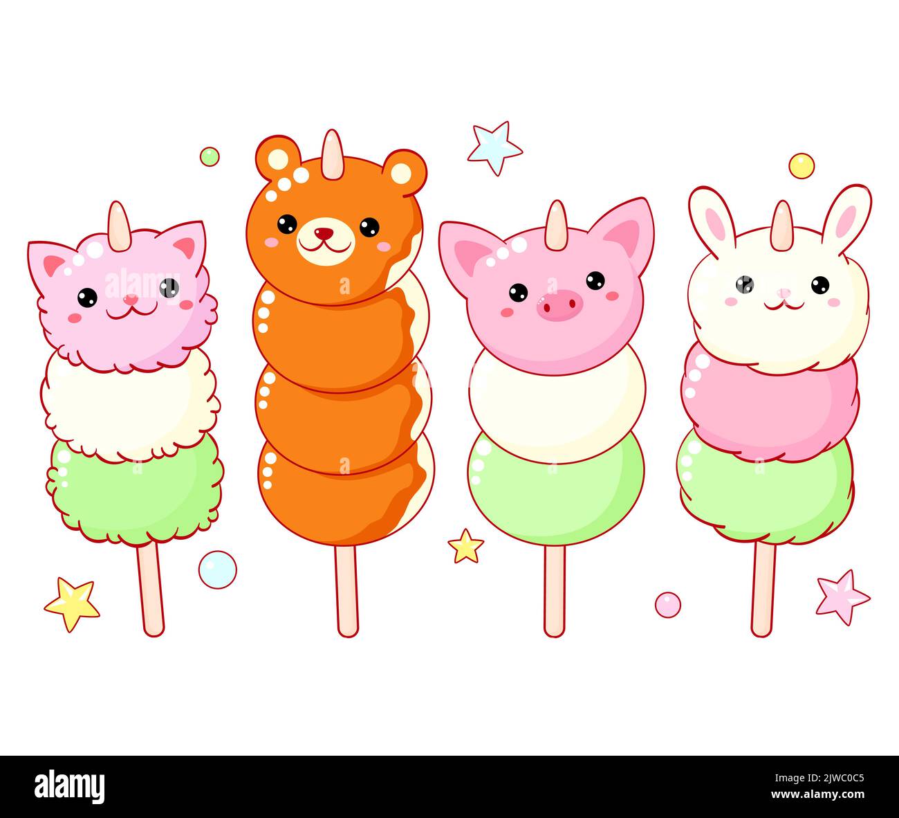 Set von süßen Hanami Saison Dessert in Kawaii Stil. Japanische traditionelle Küche Gerichte Sanshoku Dango. Tierförmige Hanami Dango - Bär, Katze, Kaninchen Stock Vektor