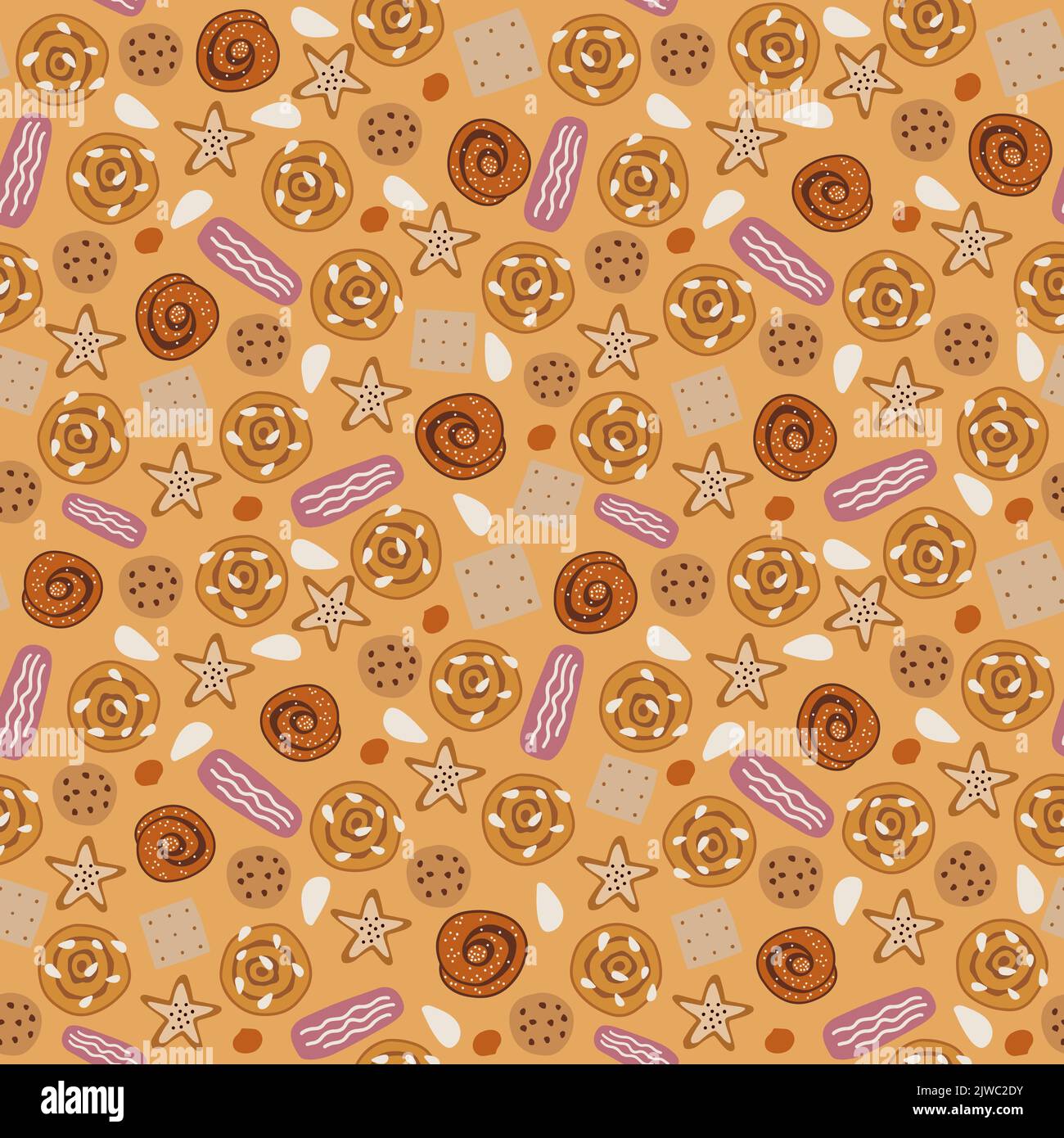 Plätzchen und Brötchen nahtlos patern. Handgezeichnete Süßigkeiten in zuckerbraunen Farben. Stock Vektor