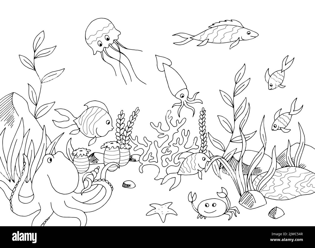 Lustige Fische Unterwasser Grafik Meer schwarz weiß Skizze Illustration Vektor Stock Vektor