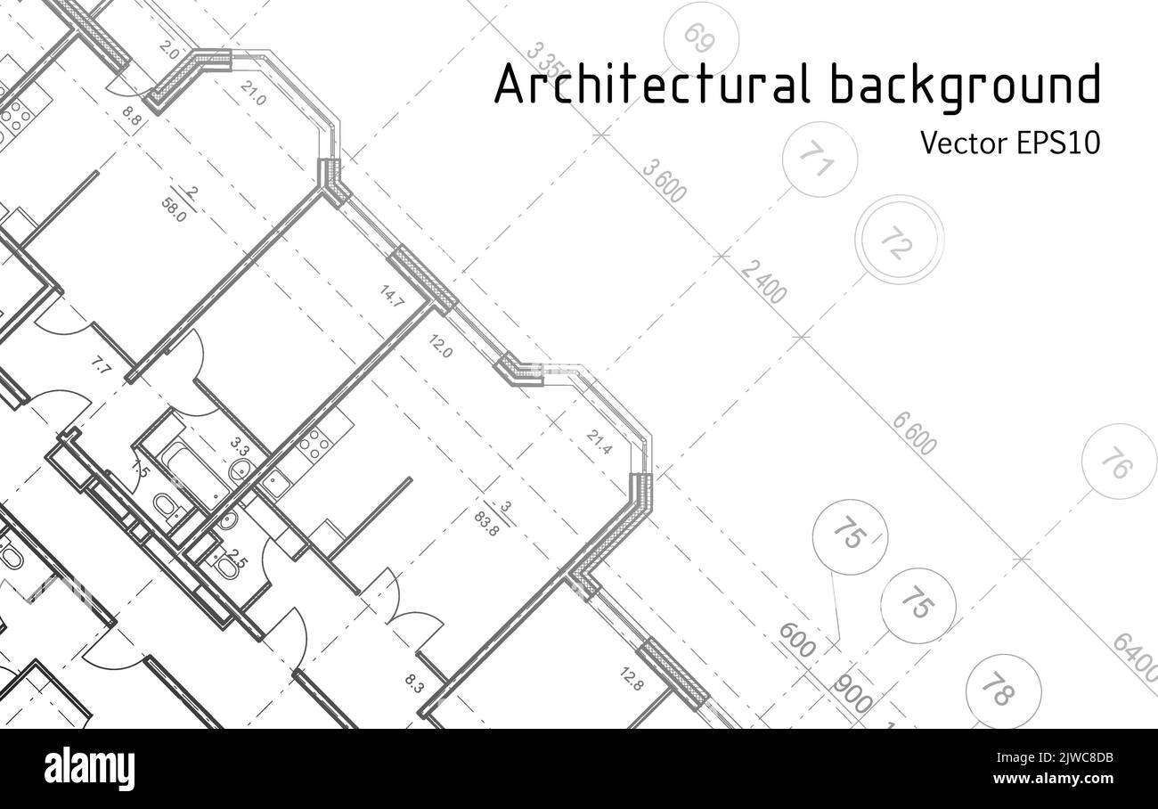Architektonischer Hintergrund. Teil des architektonischen Projekts, Bauplan der Wohnung. Detaillierter Grundriß, Layout der Wohnung, Blaupause. Stock Vektor