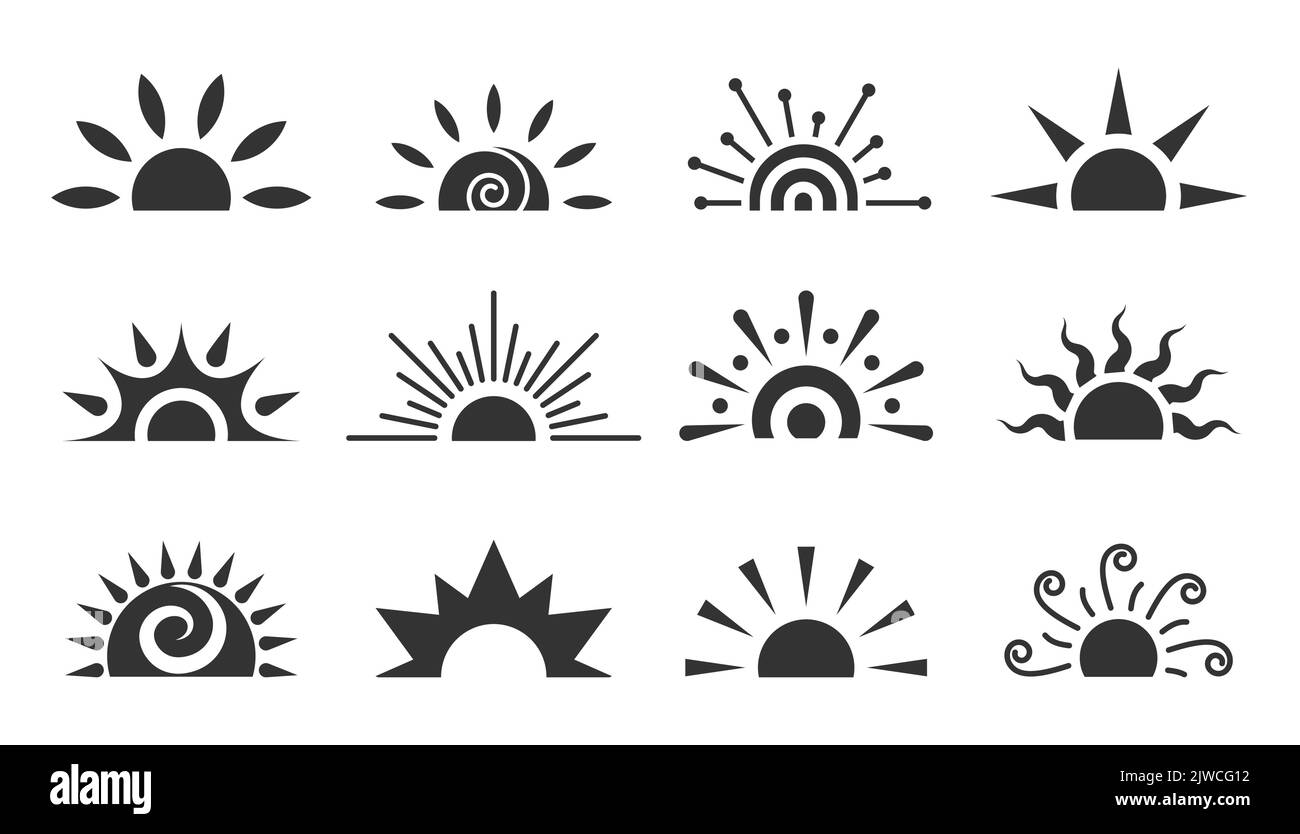 Set mit halbsonnen flachen Symbolen. Sunrise Sunset Logo isoliert auf weiß. Verschiedene Form Sonnenstern. Cartoon Sommer Sonnenlicht Natur Himmel. Einfache Grafik Solar c Stock Vektor