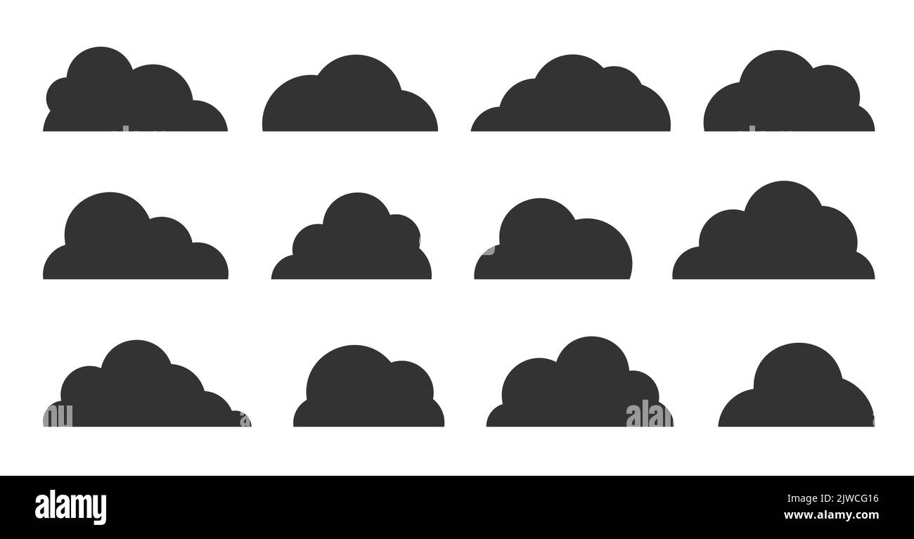Abstrakte schwarze flache Wolken Icon-Set isoliert auf weiß. Verschiedene Formen flauschige Wolke Symbole Symbol Sammlung. Web-Banner für Klimameteorologie, Datenbank Stock Vektor