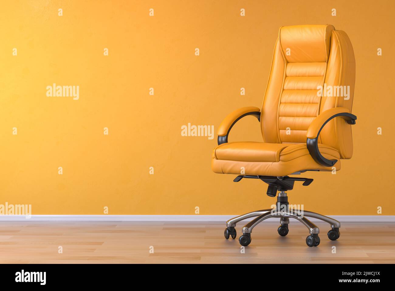 Gelber Bürostuhl in gelbem Interieur mit Platz für Text. 3D Abbildung Stockfoto