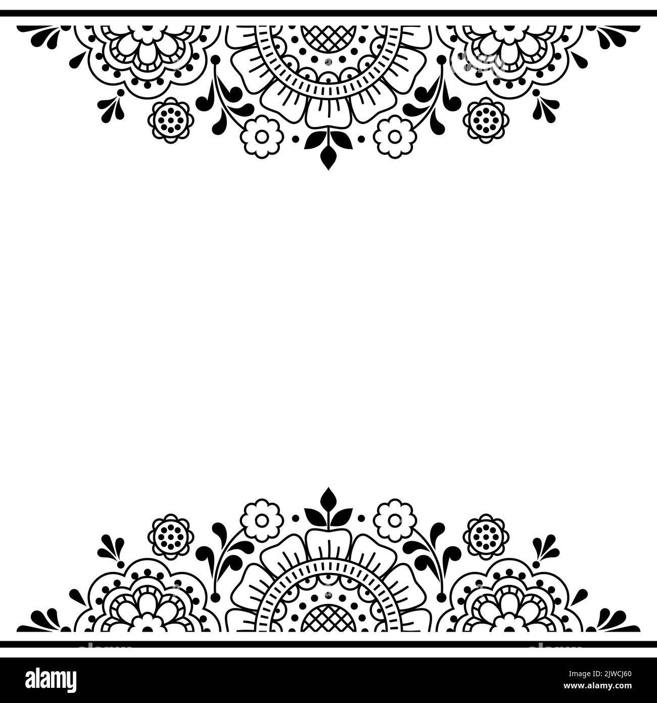 Blumen Folk Umriss Vektor Grußkarte oder Hochzeit Einladungsmuster mit Blumen und Rahmen, niedlichen skandinavischen Rahmen oder Bordüre Muster in schwarz und Stock Vektor