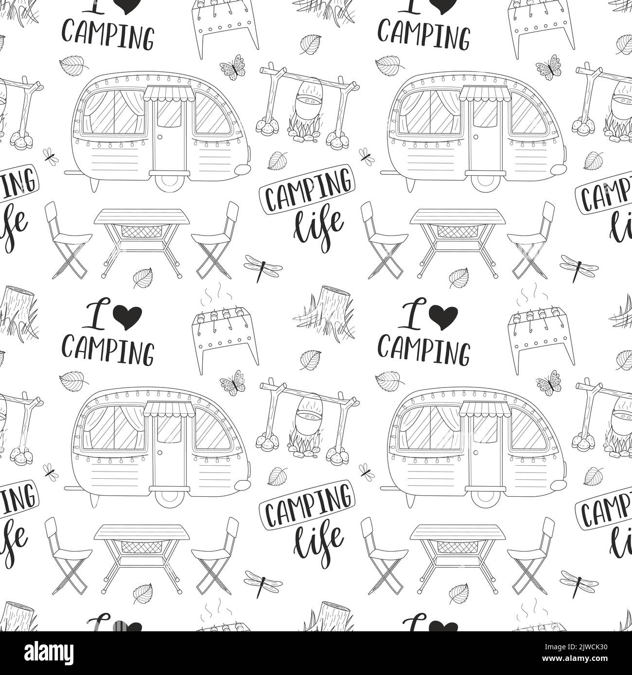 Camping nahtloses Muster. Reisehintergrund mit handgezeichneten Umrissen Wanderelemente und Schriftzug. Doodle Hintergrund für Website, Banner, Cover, Textil Stock Vektor