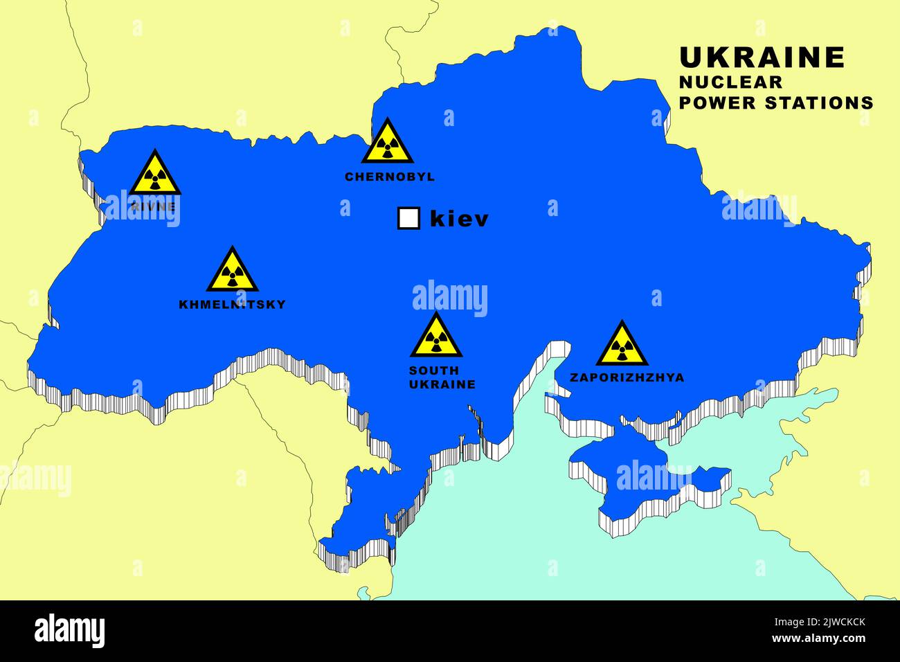 Ukrainische Karte, 3D-Illustration von Kernkraftwerken mit nuklearen Symbolen und nuklearen Standorten in der dreidimensionalen Karte der ukraine in Kriegsgefahr. Stockfoto