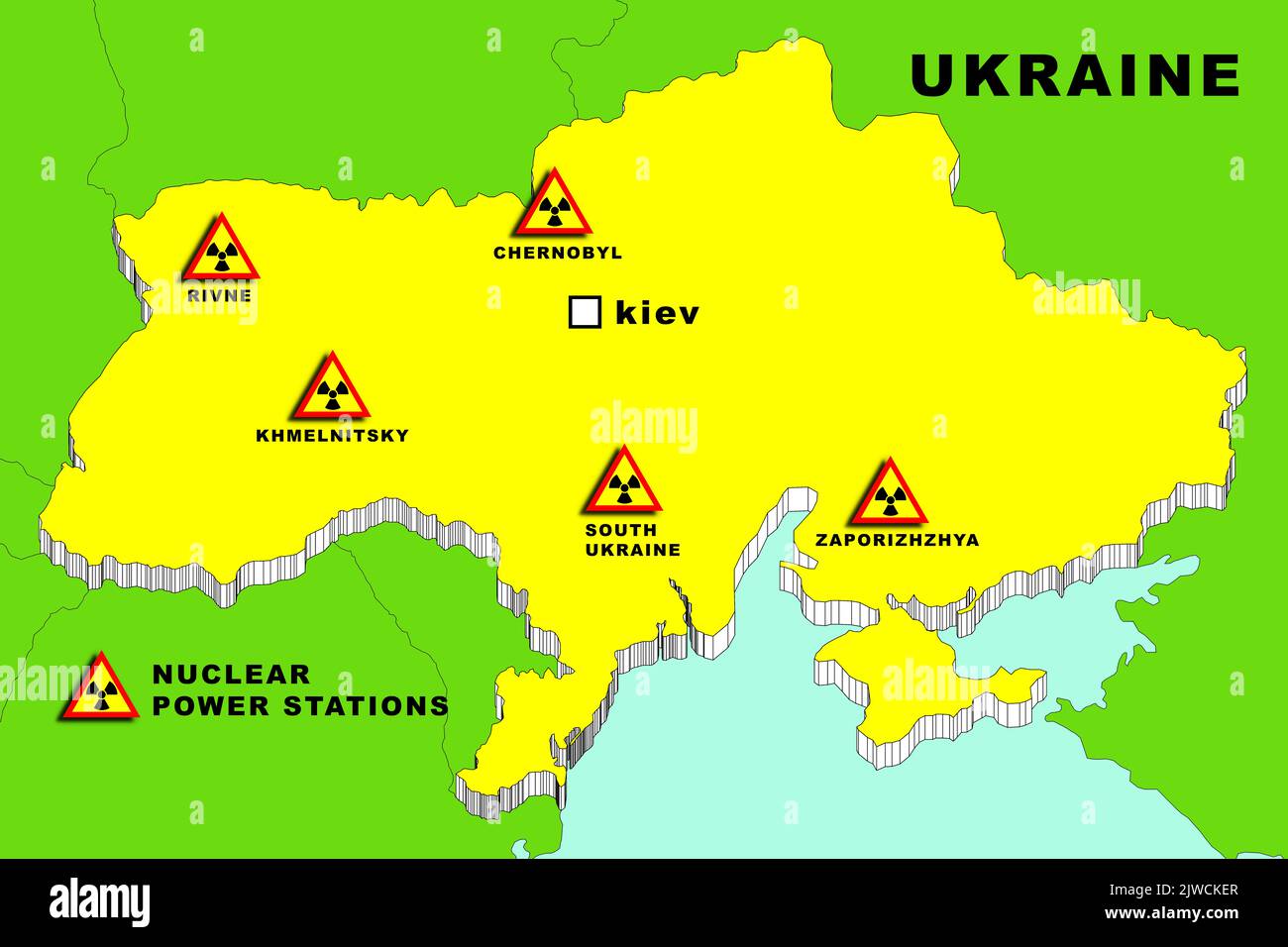 Ukrainische Karte, 3D-Illustration von Kernkraftwerken mit nuklearen Symbolen und nuklearen Standorten in der dreidimensionalen Karte der ukraine in Kriegsgefahr. Stockfoto