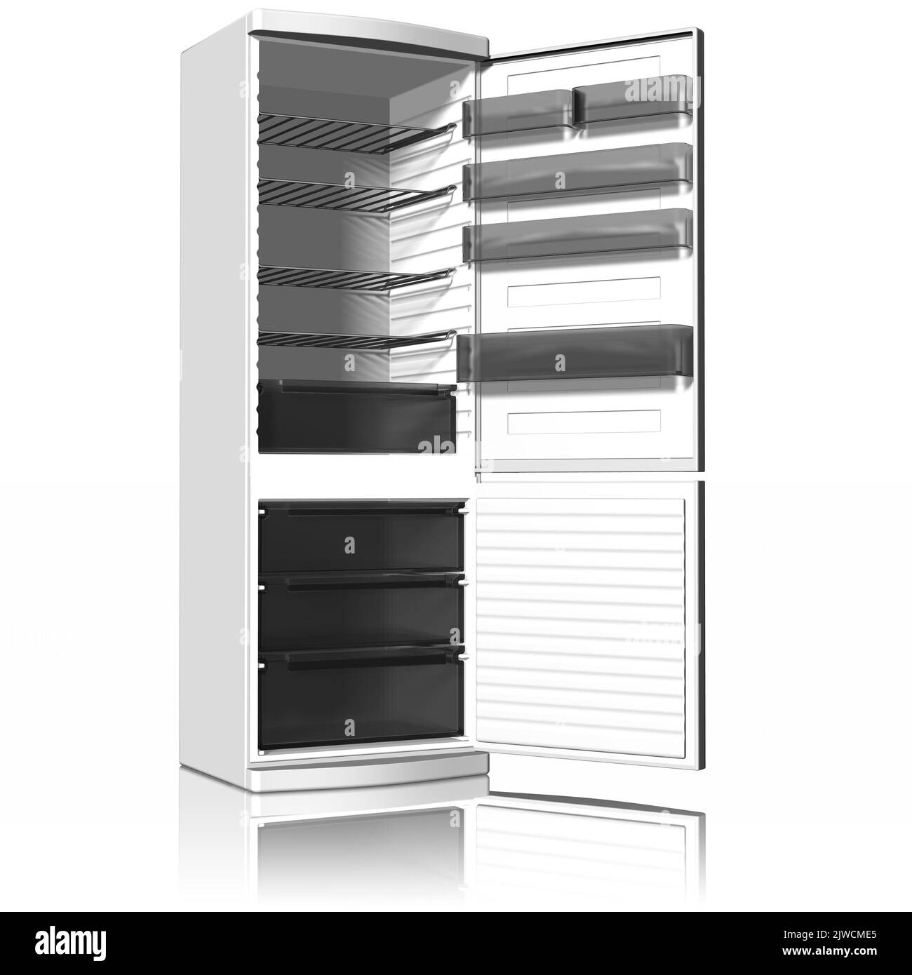 3D Abbildung. Geräte. Kühlschrank auf weißem Hintergrund isoliert. Stockfoto