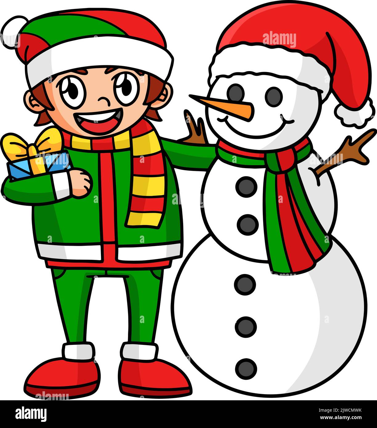 Weihnachten Schneemann mit Einem Jungen Cartoon Clipart Stock Vektor