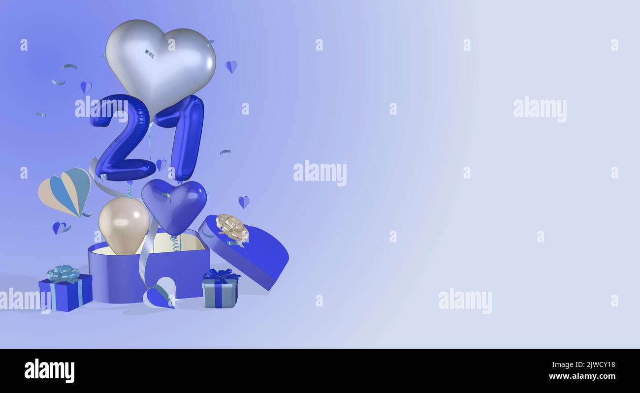21. Geburtstag Hintergrund Banner 21. Jahrestag Hintergründe Banner mit Zahlen Zahl Ballons Herz Ballons und Kopierer Platz für Text Stockfoto