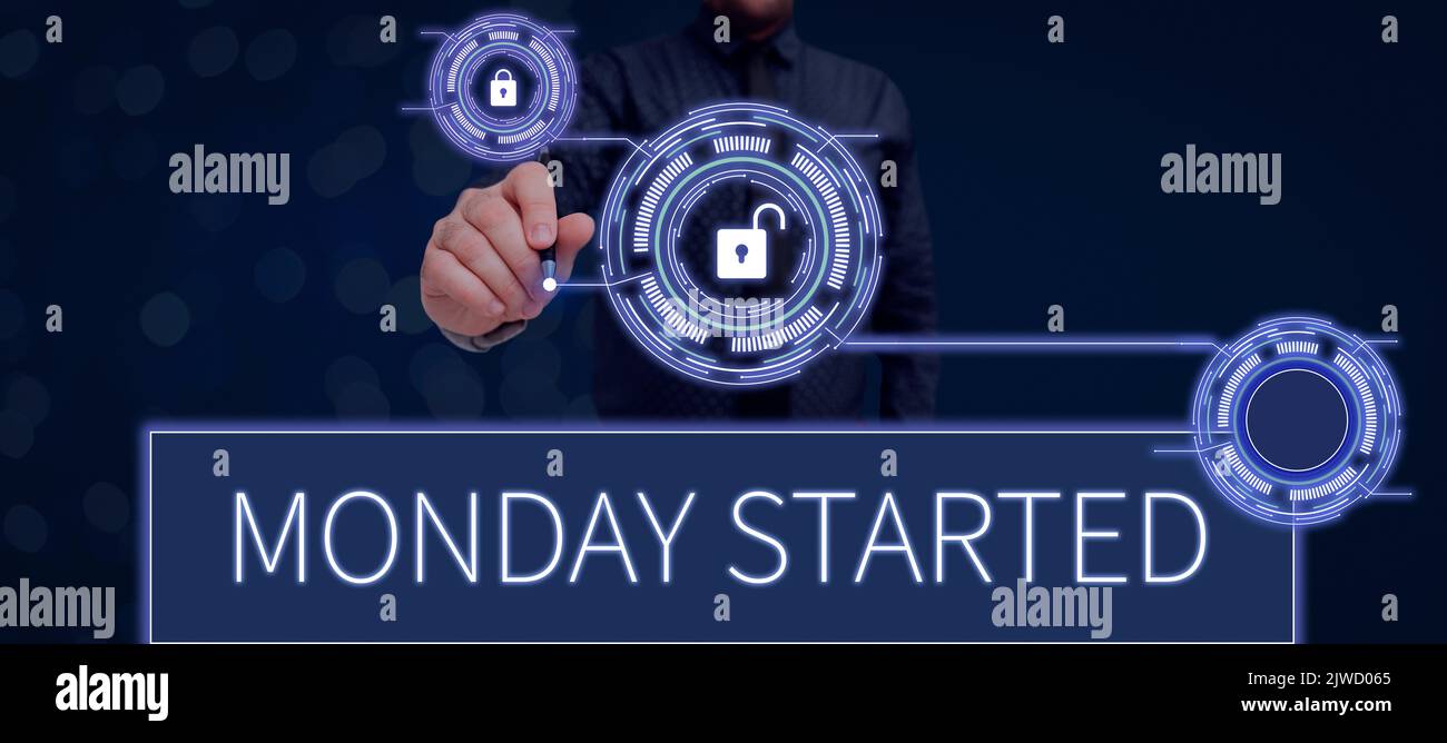 Text mit Inspiration Montag begonnenEs ist vorbei, sich auf die neue Woche vorzubereiten, und wir können mit der Arbeit beginnen. Konzept bedeutet, sich für die neue Woche der Ruhe vorzubereiten Stockfoto