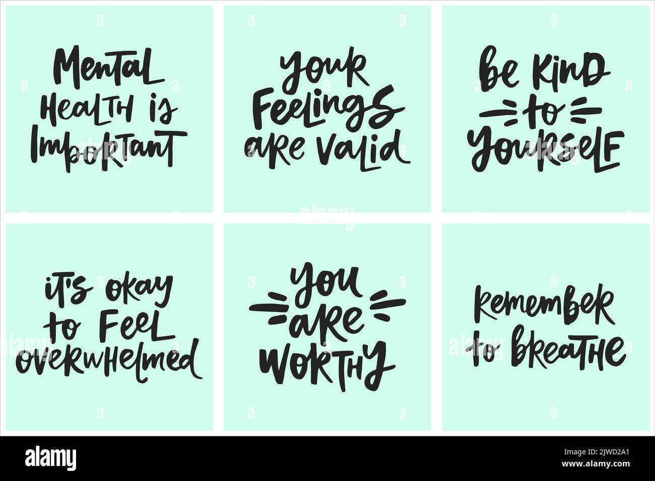 Satz handschriftlicher Zitate über psychische Gesundheit. Sammlung von kreativen Kalligraphie für Karten, Plakate, T-Shirts usw. Stock Vektor