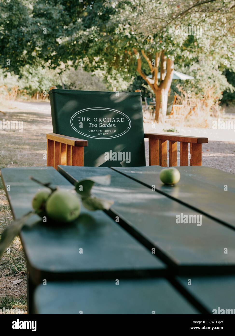 Die Orchard Tea Gardens bieten Sitzgelegenheiten und einen Tisch mit gefallenem Apfel mit Logo und strahltem Licht im Freien in Grantchester Cambridge Cambridgeshire England, Großbritannien Stockfoto